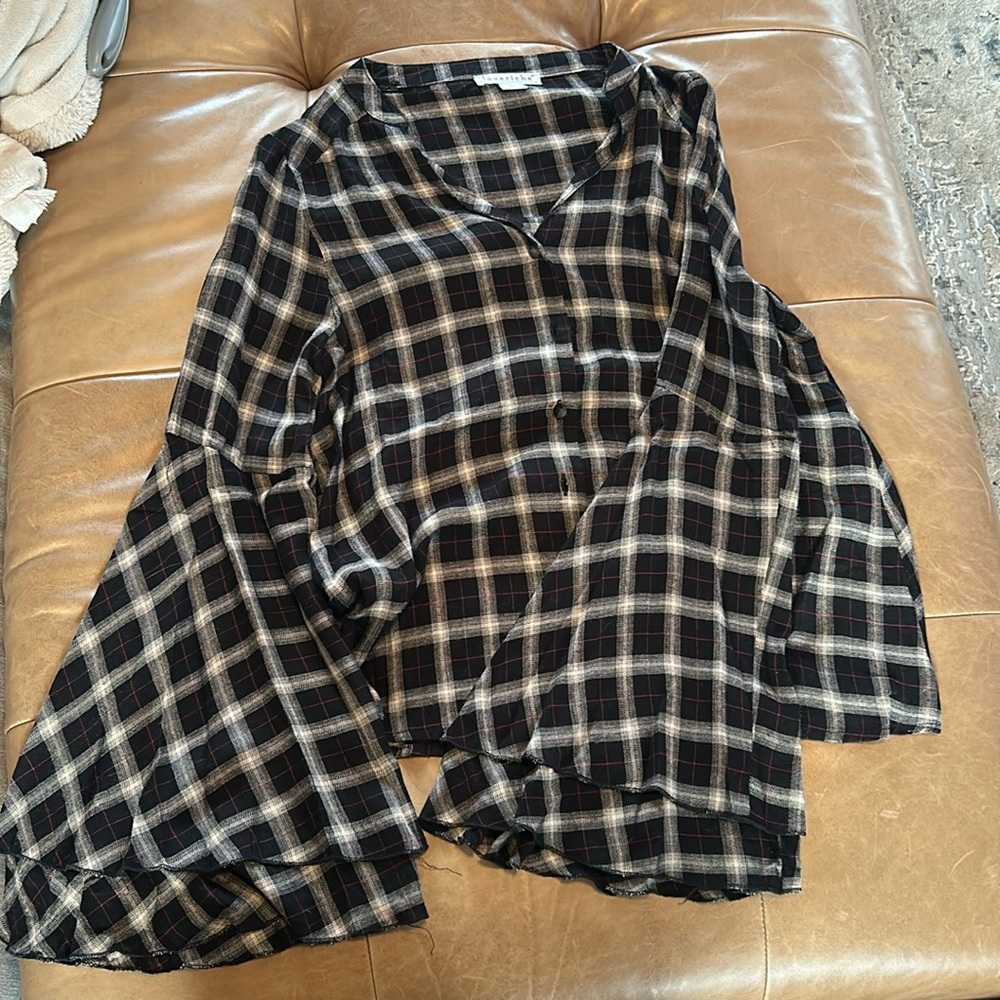 Plaid Buttoned, Tiered Bell-Sleeved Blouse